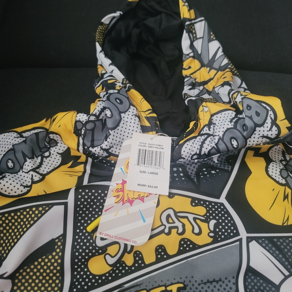 Comic Print Hoodie with Yellow and Black Accents LARGE